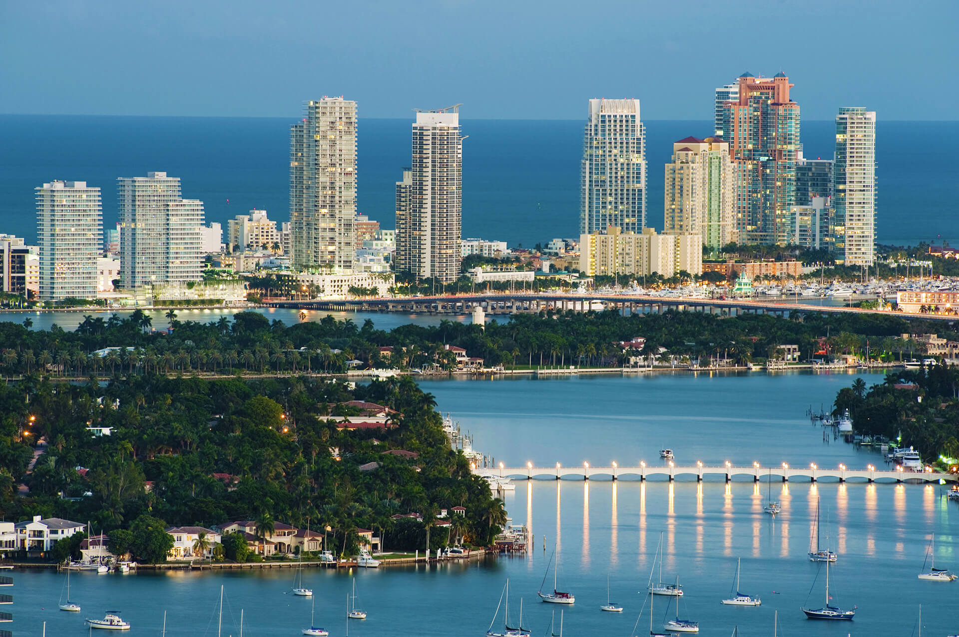 Miami South Beach Skyline at Sunset with Star Island