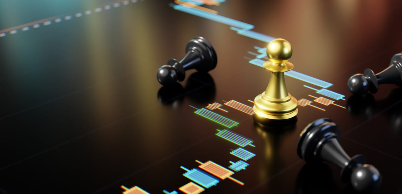 Golden chess pawn standing upright among fallen black pawns on a digital stock chart background.