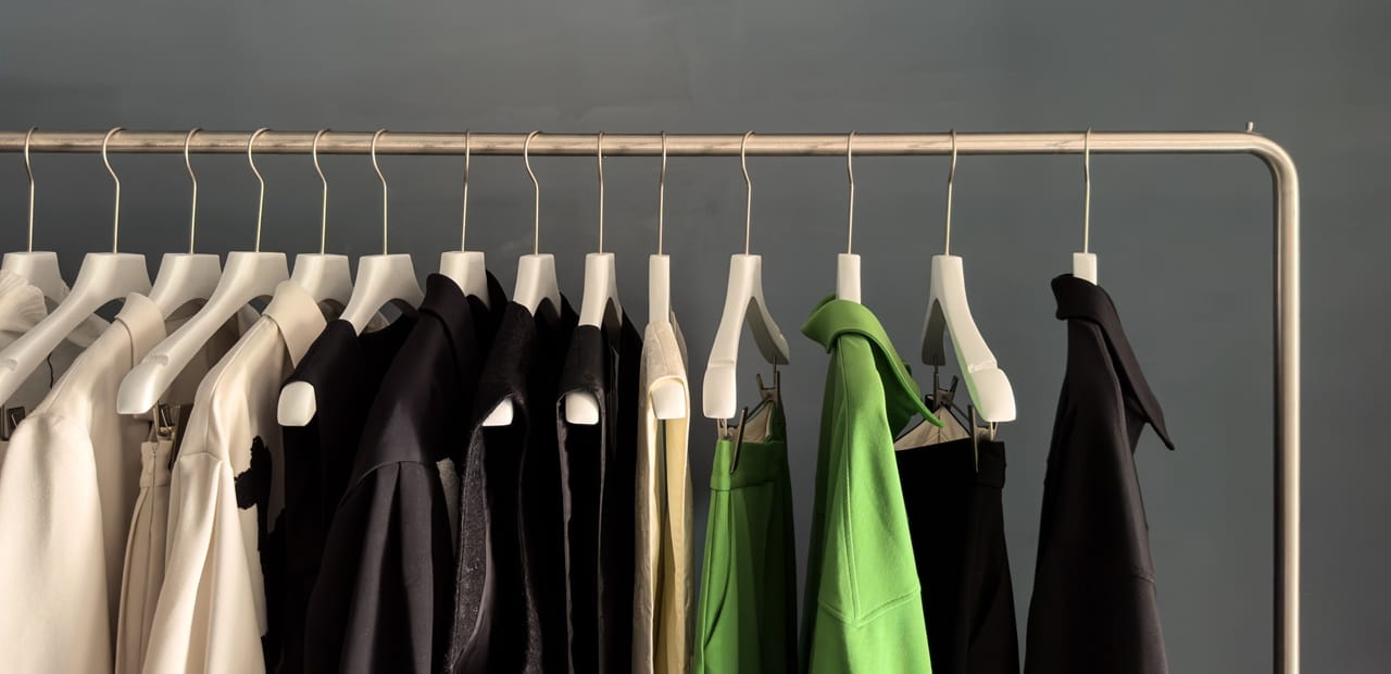 Clothing rack with neutral and green garments, illustrating clothing rental as a sustainable, chic and cost-effective option for your wardrobe.